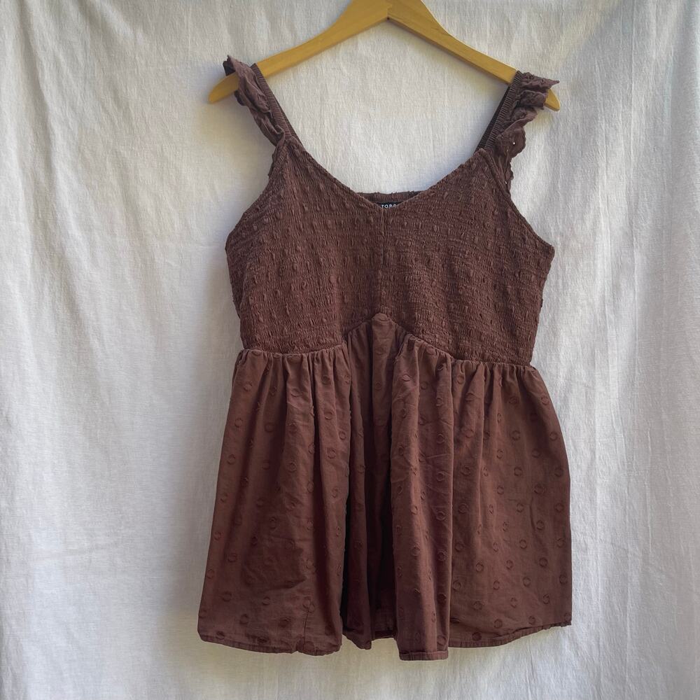 Torrid Size 2 Brown Swiss Dot Smocked Babydoll Tank Top Ruffle Strap